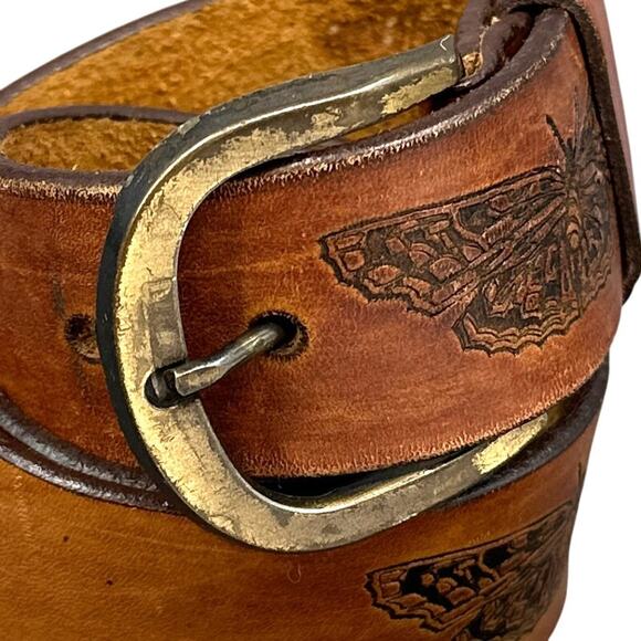 VTG Latitan Leather Belt 26 Brown Hand Tooled Stained Butterfly Bras Buckle Boho - Picture 6 of 14